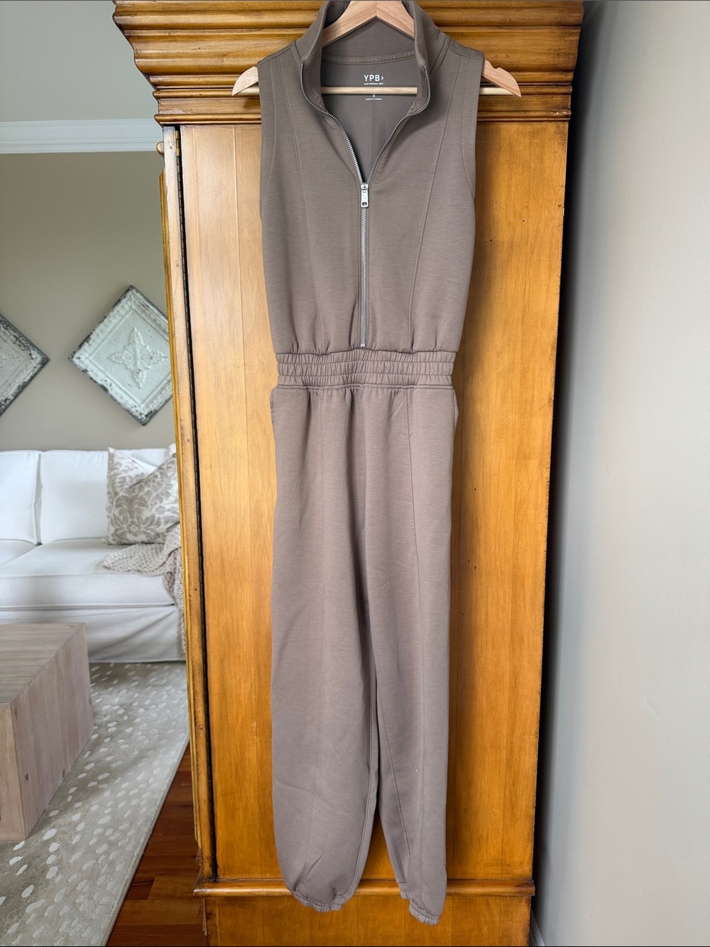 Abercrombie & Fitch Sleeveless Zip-Front Taupe Jumpsuit